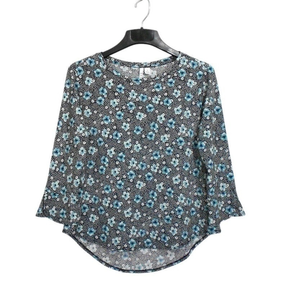 ELLE Top Small Black Multi Floral Print 3/4 Flared Sleeve Casual Office Blouse